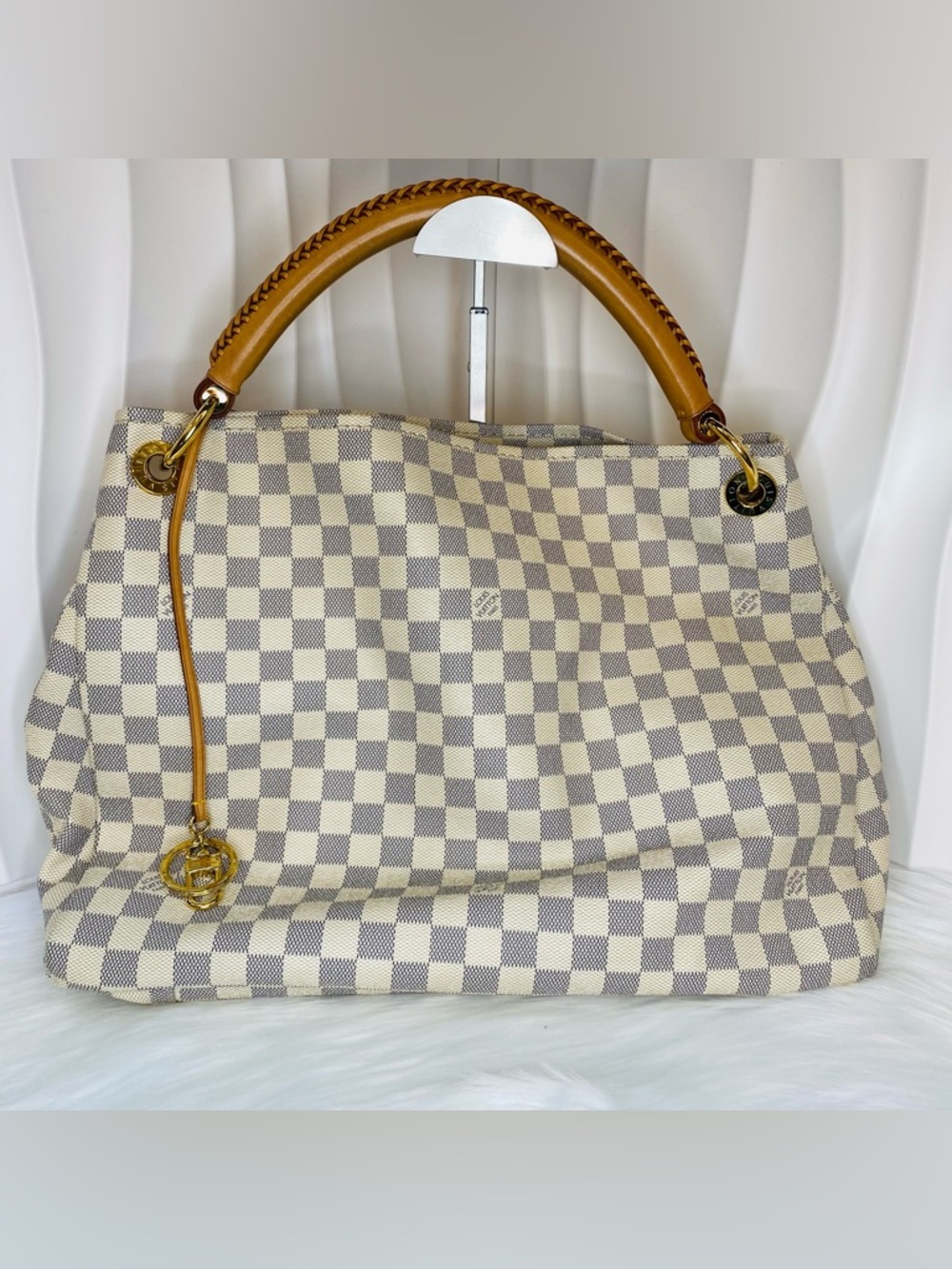 Louis Vuitton Damier Artsy Woven Check Canvas Tote Bag with Tan Leather Handles